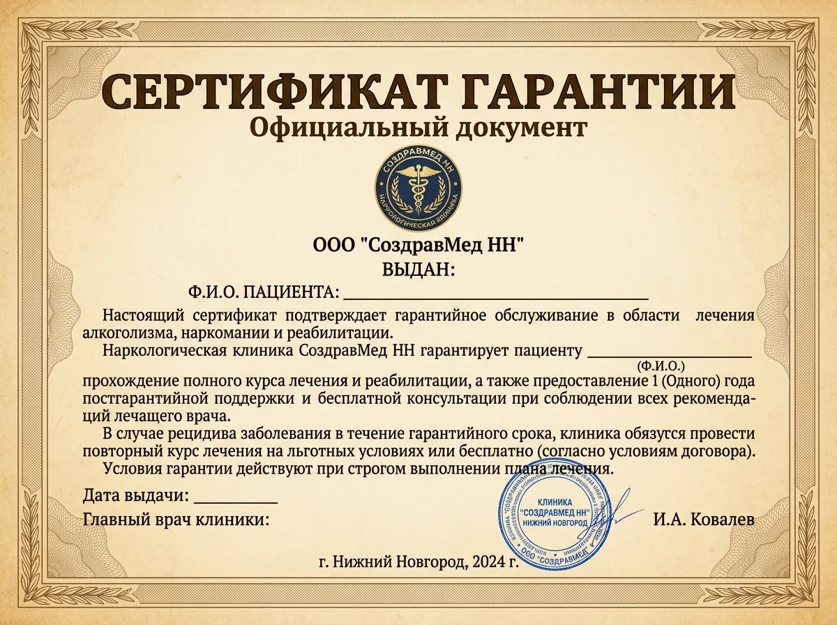 Гарантийный сертификат наркологической клиники СоздравМед НН — официальный документ с печатью и подписью врача, бежевый фон, крупный текст 'Сертификат гарантии'