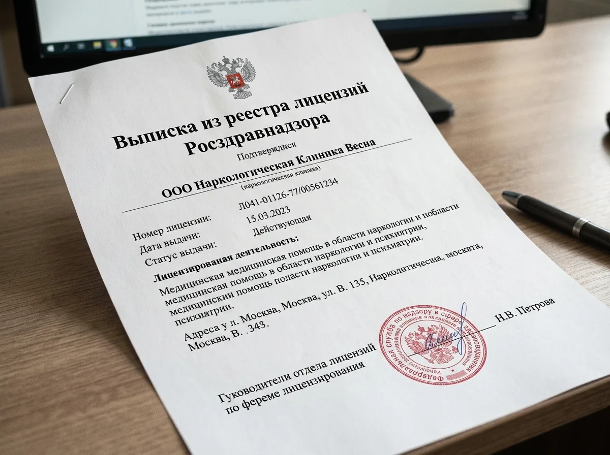 Выписка из реестра лицензий Росздравнадзора — подтверждение действующей лицензии наркологической клиники, официальный бланк с печатью